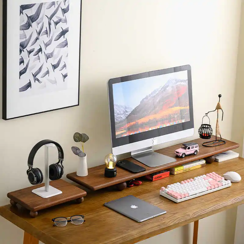 Walnut Monitor Stand Modern Workspace Desktop Riser for Computer/Laptop Ergonomic Office Organizer Display Screen Heighten Base