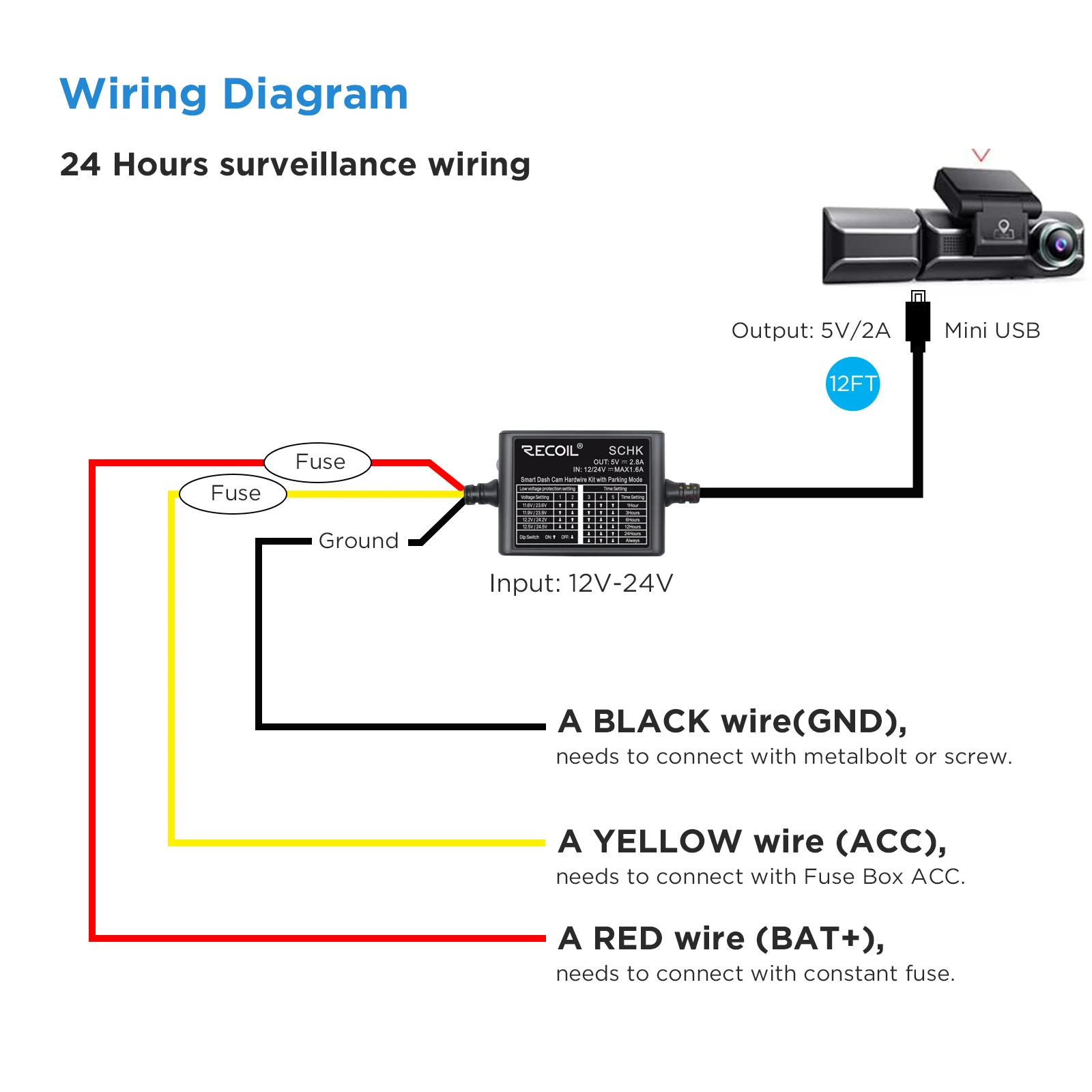 Recoil SCHK Dash Camera Acc Hardwire Kit Mini-USB, 24H Parking Monitor Mode, Converts 12-24V to Output 5V/2.5A, Low Voltage Prot