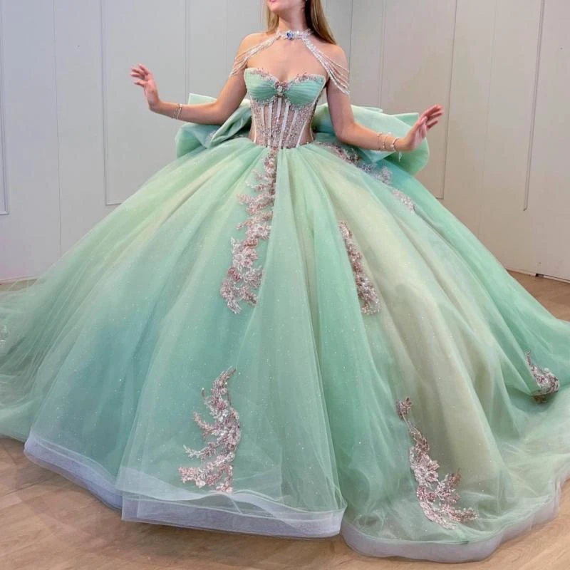 

Роскошные светло-зеленые блестящие платья Quinceanera с аппликациями, кружевным бантом и бусинами, тюлевое бальное платье Sweet 16, платье для вечеринки, дня рождения, Vestidos De