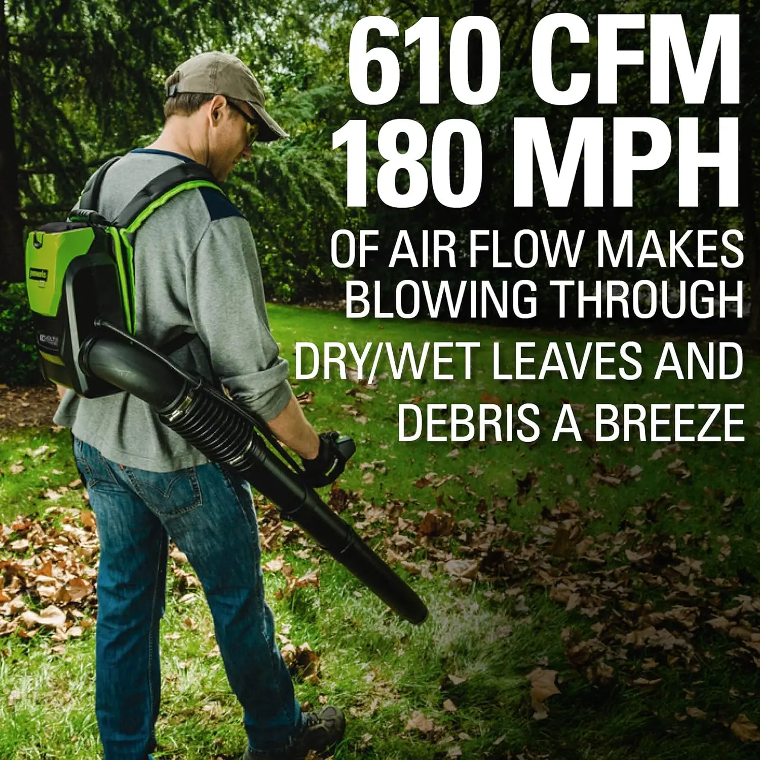 Greenworks 80V (180 MPH/610CFM/75+ Compatible Tools) Cordless Brushless Backpack Blower,2.5Ah Battery and Rapid Charger Included