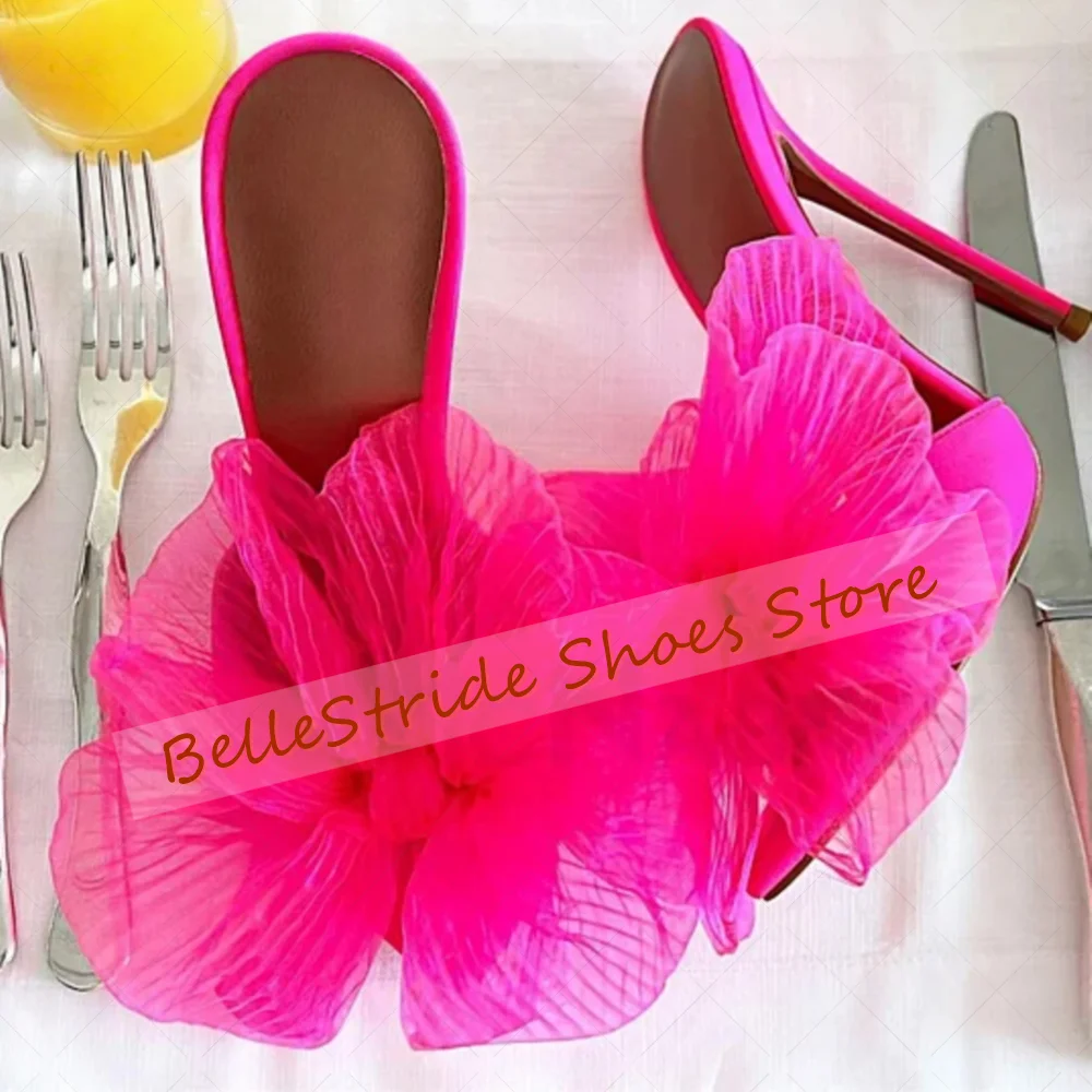

Rose Red Mesh Bow knot Decor Slippers Pointed Toe Women Shoes Stilettos High Heels Party Banquet Dating 2025 Zapatos Para Mujere