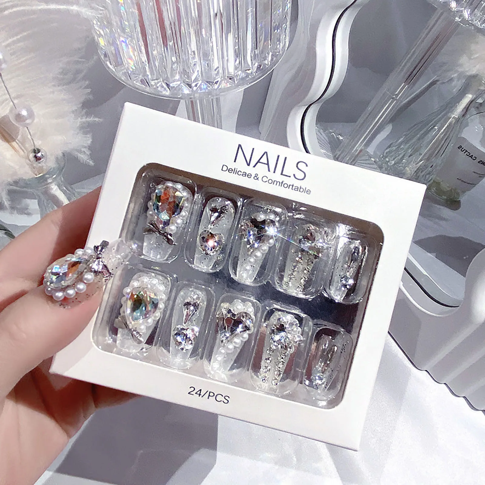 Pearl Rhinestone Decor Clear Long False Nails Long Lasting Safe Material Waterproof False Nails for Hot Girl Dress Matching