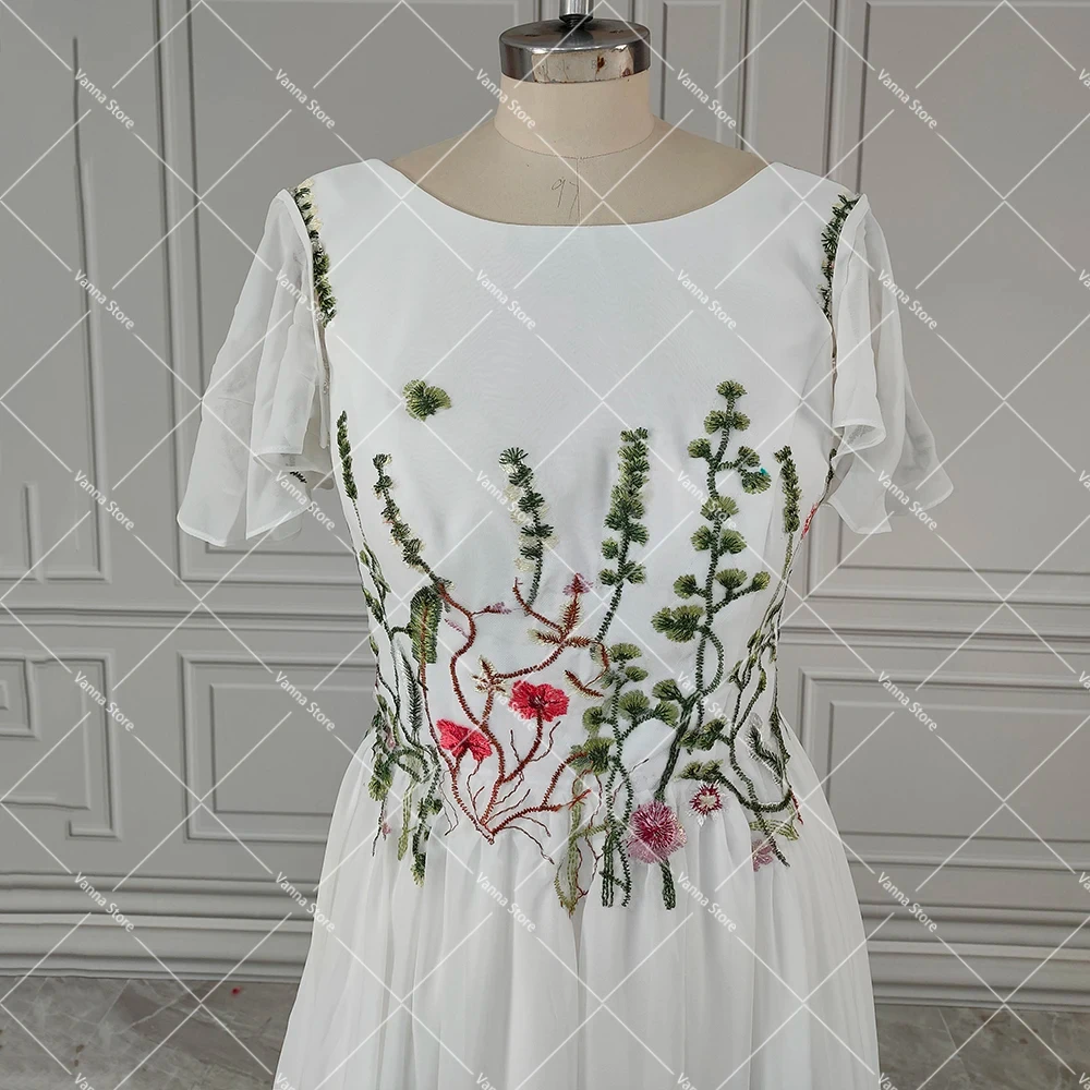 Customized A Line Short Sleeves Embroidered Wedding Dress Wildflower Colorful Floral Chiffon Backless Scoop Neck Bridal Gowns