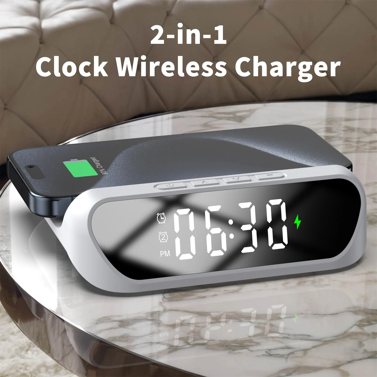 

2-in-1 15W Desktop Wireless Charger Dimmable Alarm Clock with Snooze Function