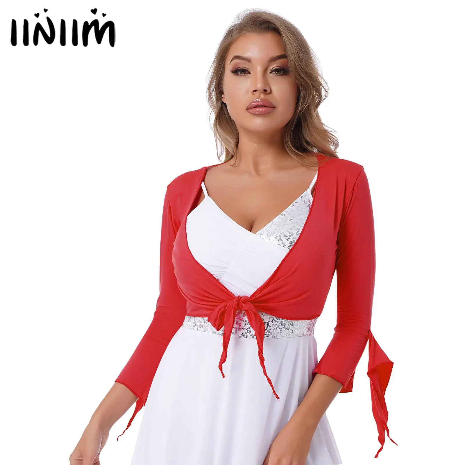 

Lace-up Belly Dance Clothes Tops for Women Sexy V Neck 3/4 Sleeve Shawl Shrug Bolero Blouse Cardigan Stage Performance Dancewear