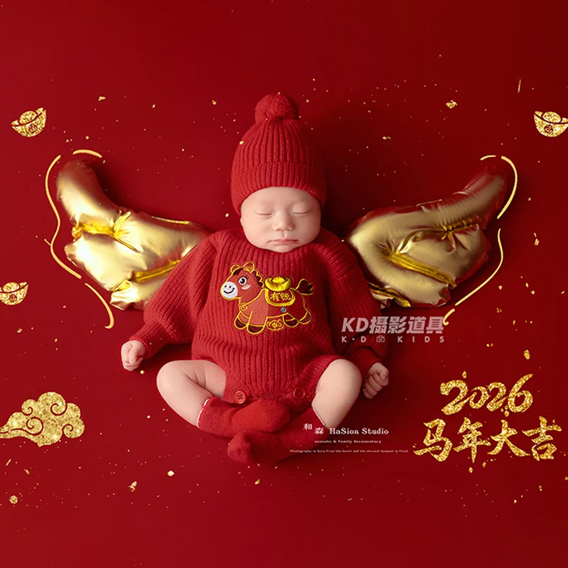 New Year Prosperity Theme Newborn Photography Outfit Soft Little Horse Embroidered Jumpsuit + Stretch Pom-Pom Hat + Socks 3pcs