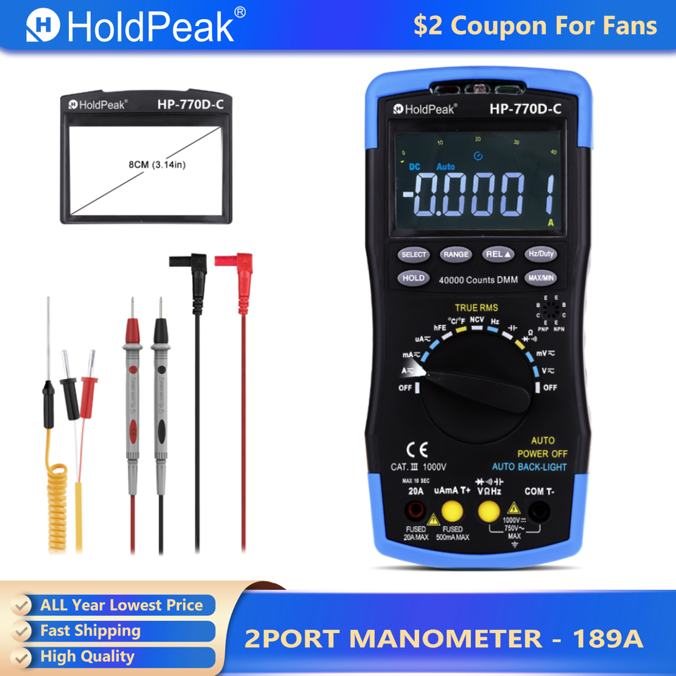 HoldPeak LCD Digital Multimeter,40000 Counts True RMS Auto Range Multimetro Measure, AC DC Ohm Volt Amp Capacitor Tester,770D-C