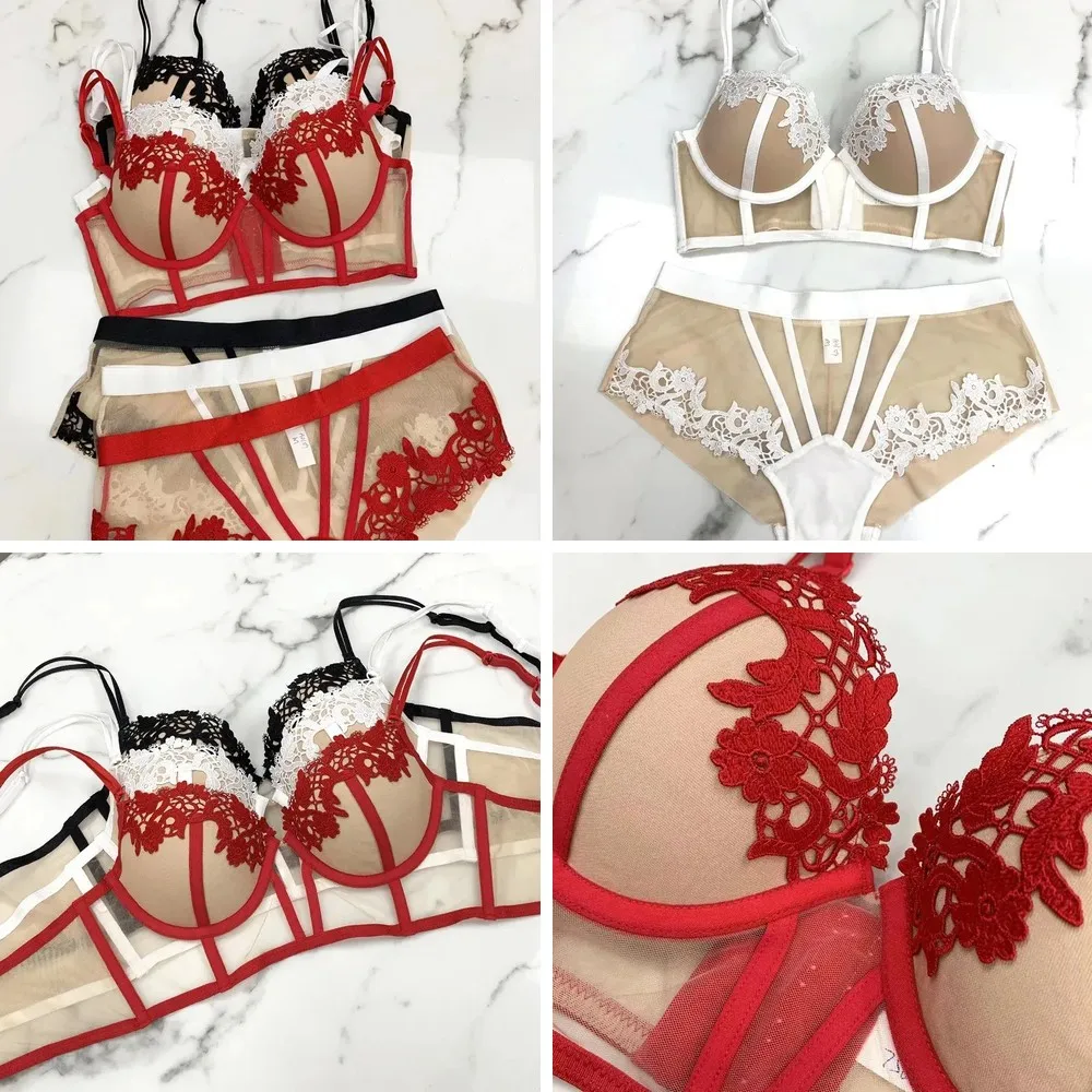 

Women's Water-Soluble Floral Lace Bra Set, Anti-Sagging Bralette with Soft Steel Ring, Comfortable Underwear