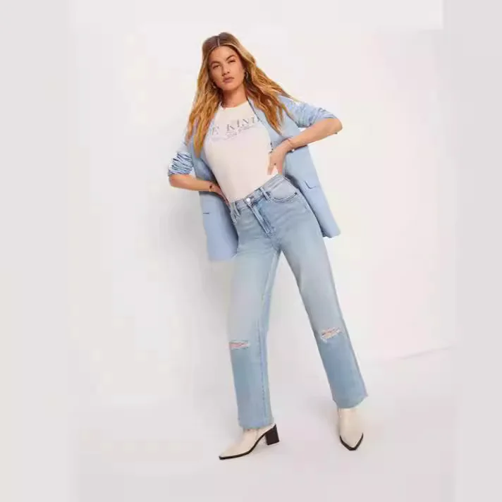 Jean déchiré délavé de neuf pouces, mode européenne et américaine, nouveau jean décontracté ample à jambes droites pour femmes au printemps et en été