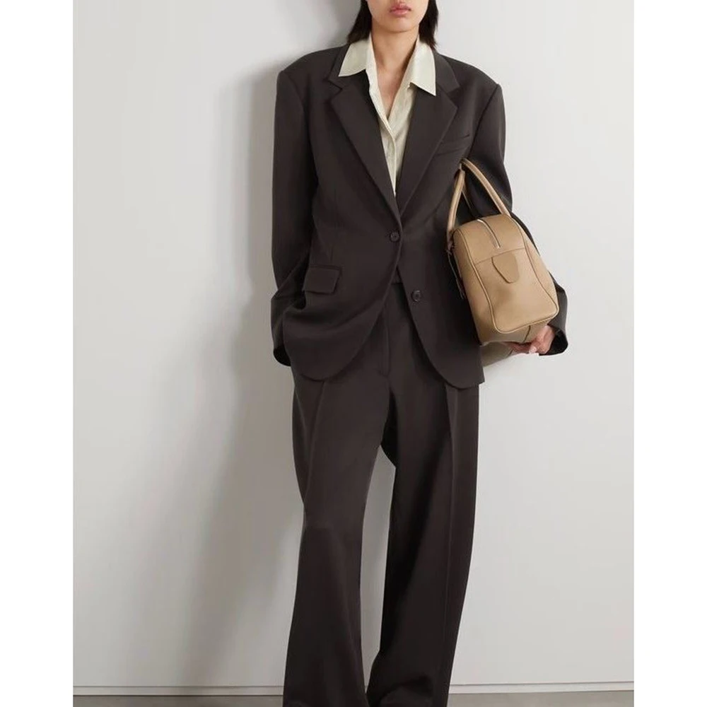 

Модный темно-коричневый женский однобортный костюм, комплект из 2 предметов, куртка с лацканами, свободный крой, офисная повседневная женская одежда, наряды