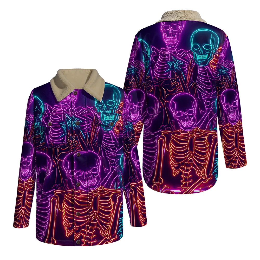 

Neon Skeleton Parka Long Coat Collar Skull Print Button Pockets Windproof Winter Warm Jacket Streetwear Party Festival Outerwear