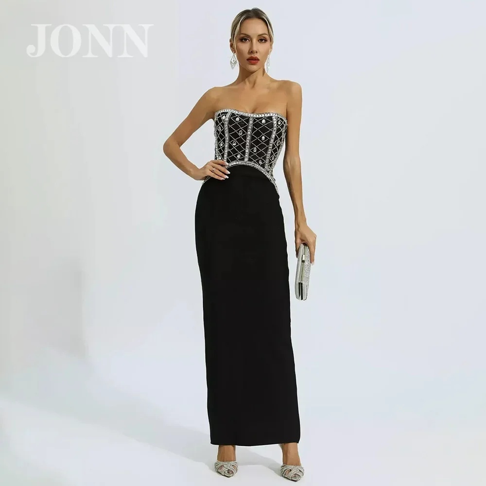 

JONN 2024 Sexy Women's Black Bandage Dress Strapless Tube with Diamonds Studs Beads Celebrity Nightclub Party Evening Gown