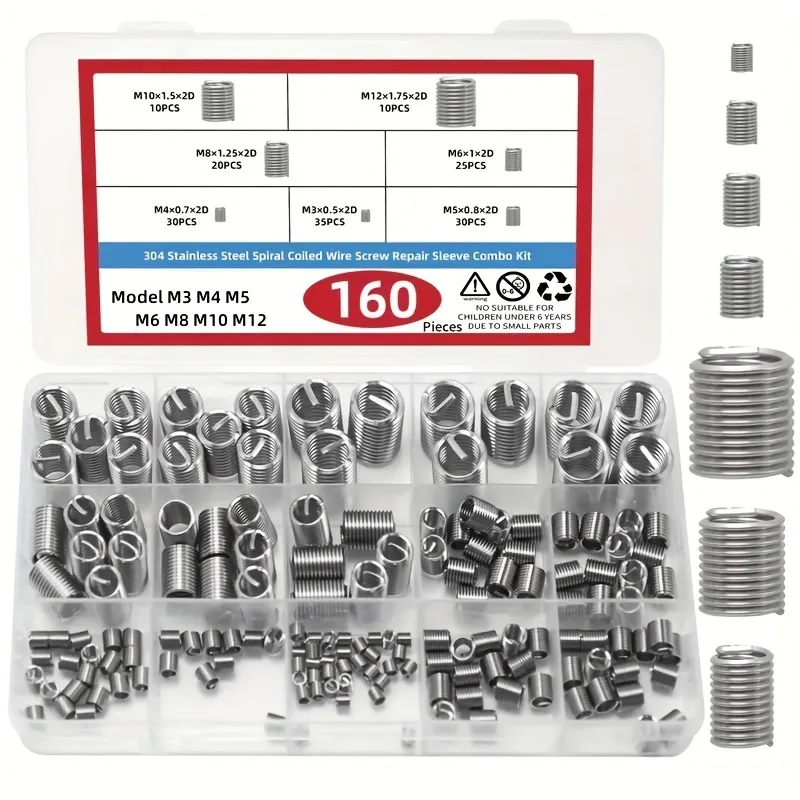 160Pcs Steel Wire Insert Screw Socket Combination Set 304 Stainless Steel Metric M3-M12 for DIY Repair And Maintenance