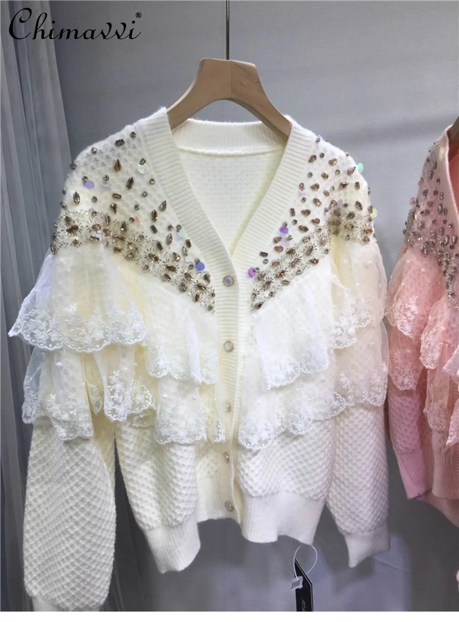 

European Heavy Beaded Sweater Women Lace Patchwork V-neck Top Sequin Cardigan Coat Autumn Winter New Fashion Knitted Sweater