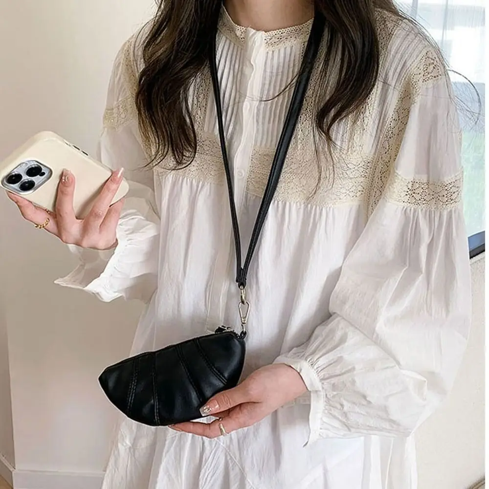 

Ins PU PU Leather Croissant Bag Wallet Hanging Neck Lanyard Coin Purse Silver Lipstick Earphone Pouch Mini Storage Bag Outdoor