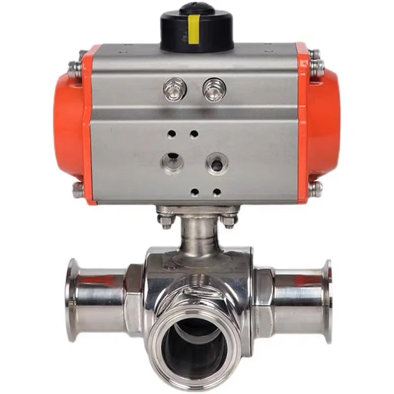 63mm 3 Way Sanitary 304 Pneumatic Ball Valve Tri Clamp Ferrule Type Double Acting Cylinder