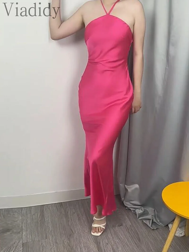 여성용 섹시한 단색 홀터 민소매 밴디지, 레이스업 백리스 할로우 아웃, 인어 새틴 파티 원피스