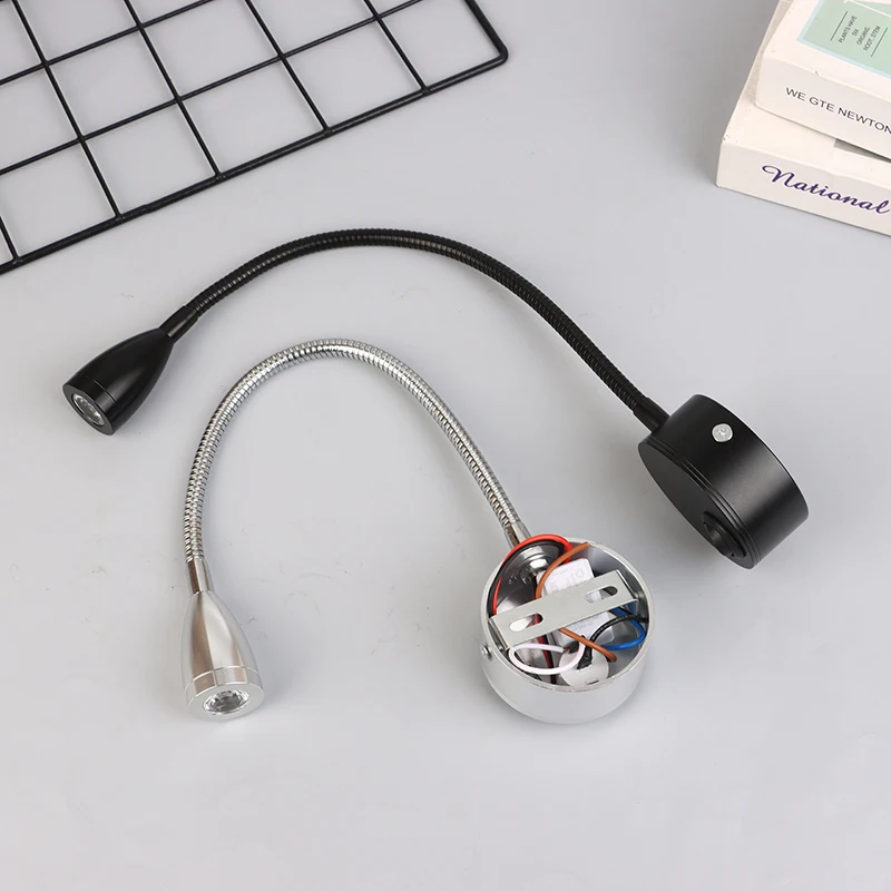 Luz LED de lectura de 1W, lámpara de pared de cuello de cisne negro y plateado para cabecera de cama, escritorio, interruptor de mesita de noche, 6000K