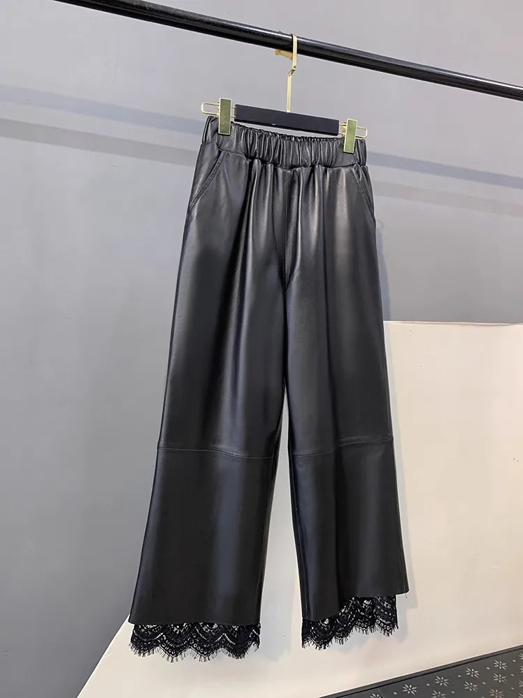 الخريف المرأة مرونة الخصر فضفاضة تناسب بنطال ذو قصة أرجل واسعة الكاحل طول الدانتيل تقسم جلد الغنم حقيقية بنطال جلدي ملابس الشارع الشهير غير رسمية #2