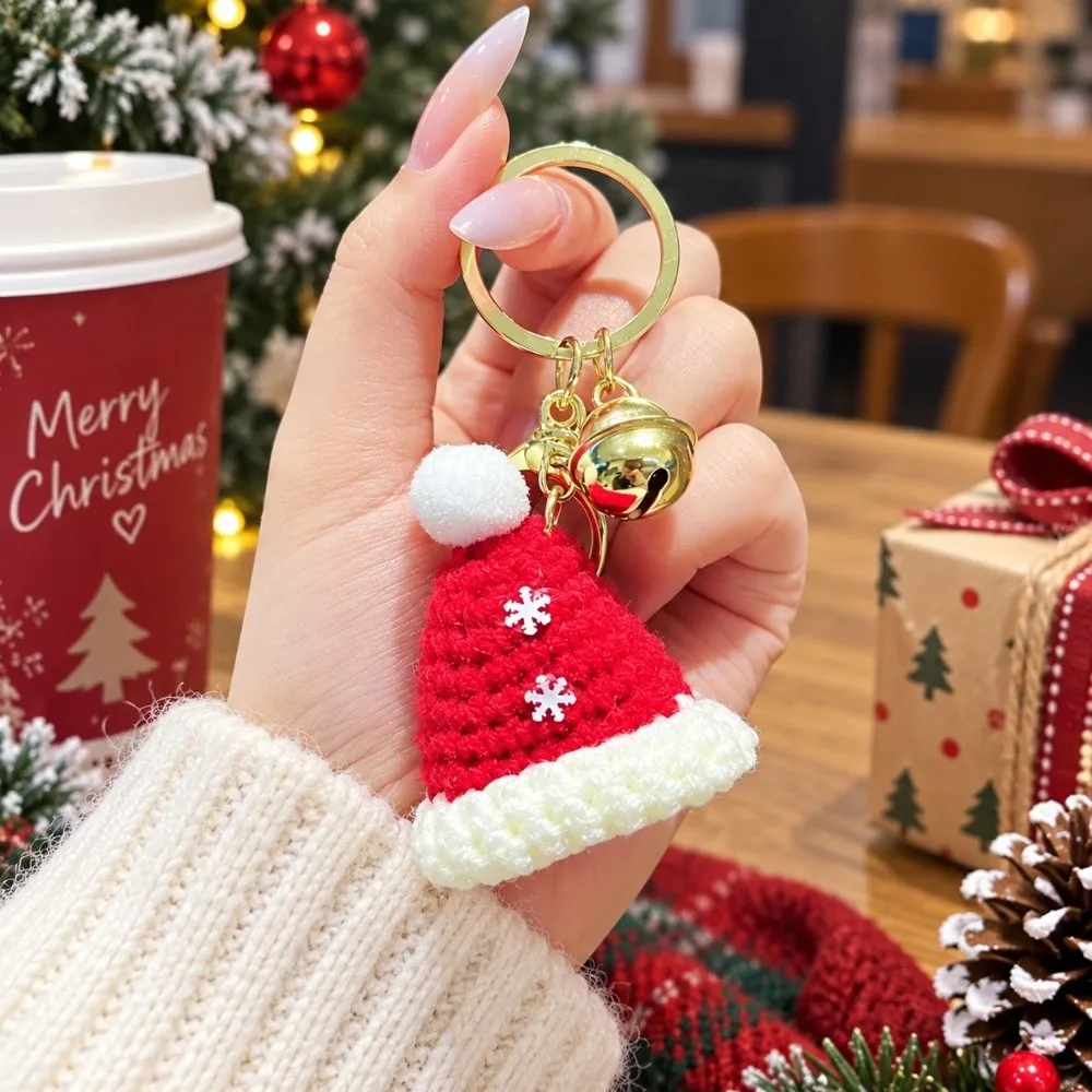 Office Hand-woven Christmas Hat Keychains Cute Cartoon Mini Gloves Pendant Red Plush Keyrings New Year