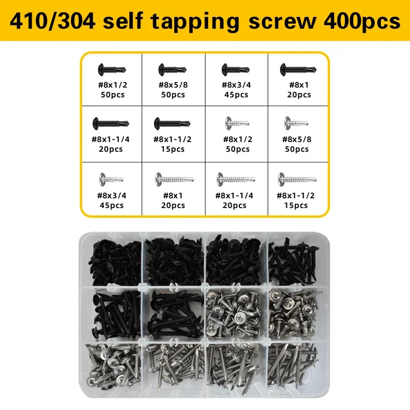 #8#10 Self Tapping Screw for Furniture (410) 304 Stainless Steel Woodworking Iron Sheet Metal Self Drilling Screw Assortment Kit