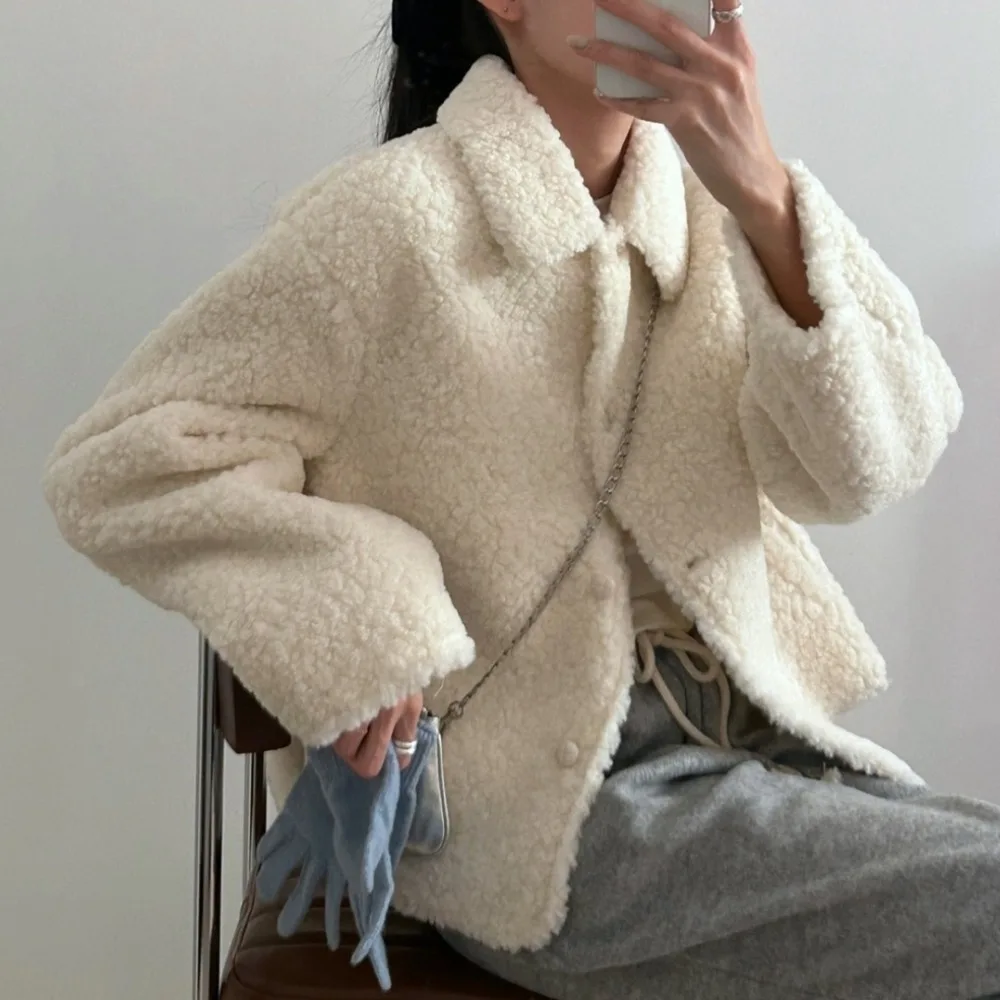 

Chic ort Lamb Fur Jaet Women's Faionable Winter Coat Single Button Stand Collar Warm Polyester Fiber Korean Sle
