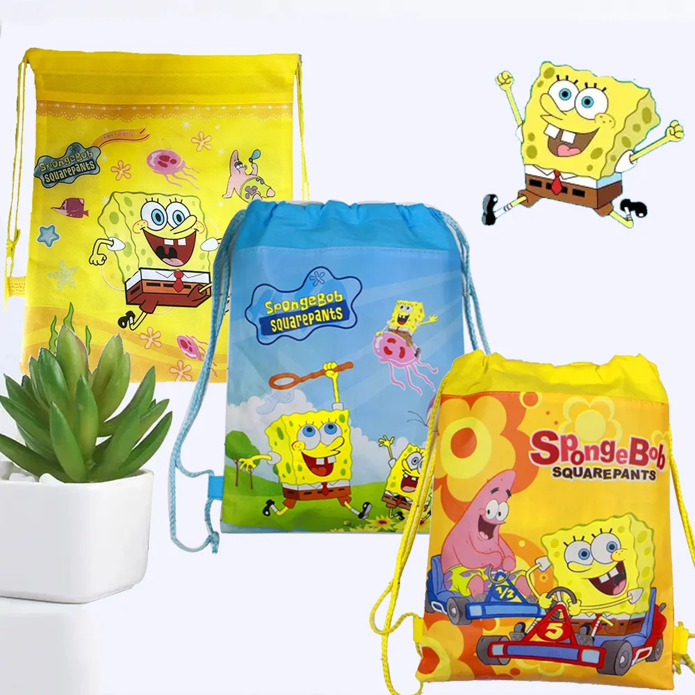 Saco do Bob Esponja dos desenhos animados para crianças, mochila de cordão não tecida, sacolas de compras e viagem, presentes para festa do bebê, 12PCs