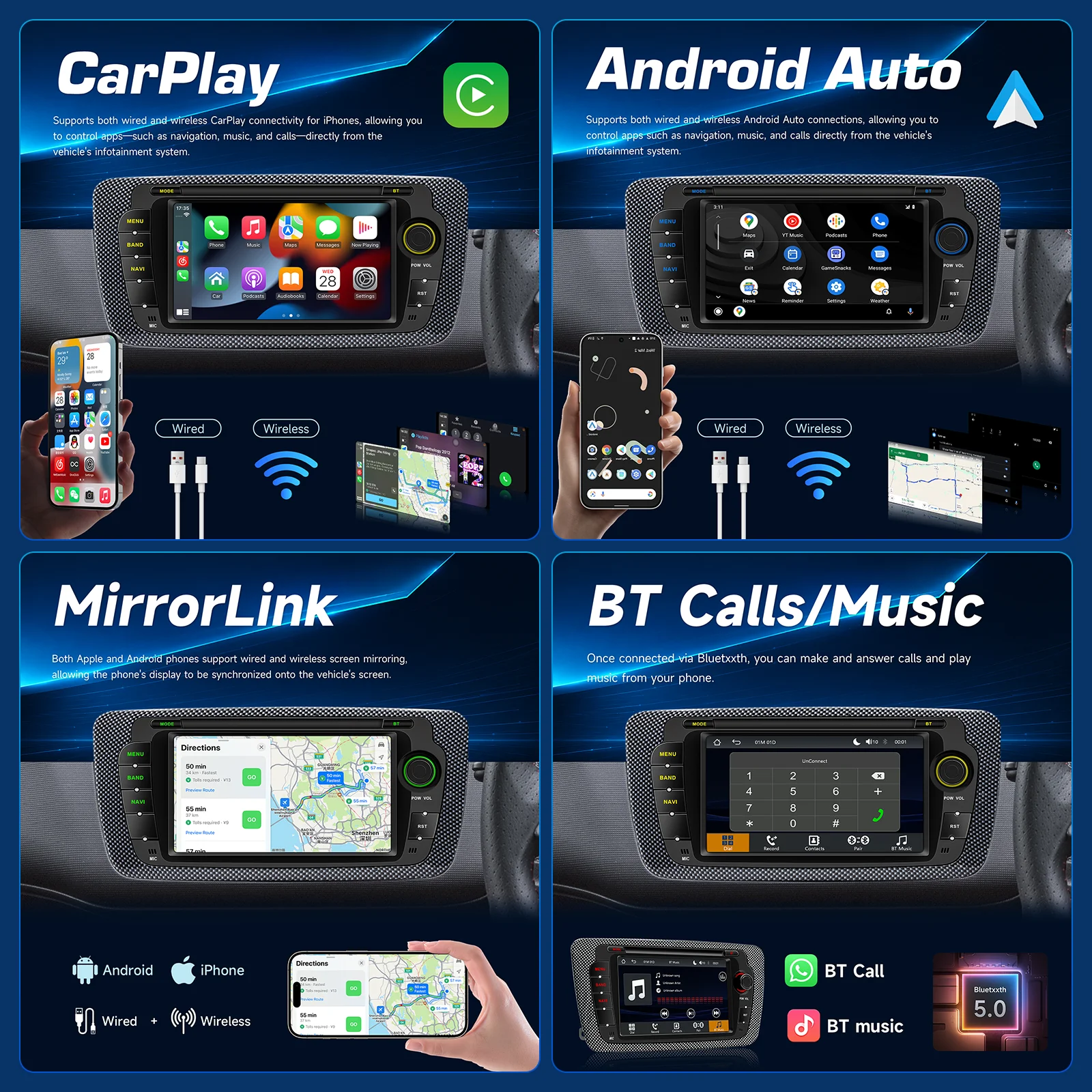 BQCC 7'' Car Multimedia Player Fit Seat Ibiza 2009-2013 Wireless CarPlay Android Auto IPS Display 7 Color Lights RDS FM AM Stere