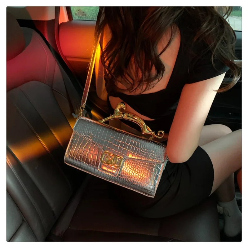 Luxury Quality Handbags For Women Patent Leather Crocodile Stone Pattern Ladies Shoulder Cross Body Bags Metal Handle Females