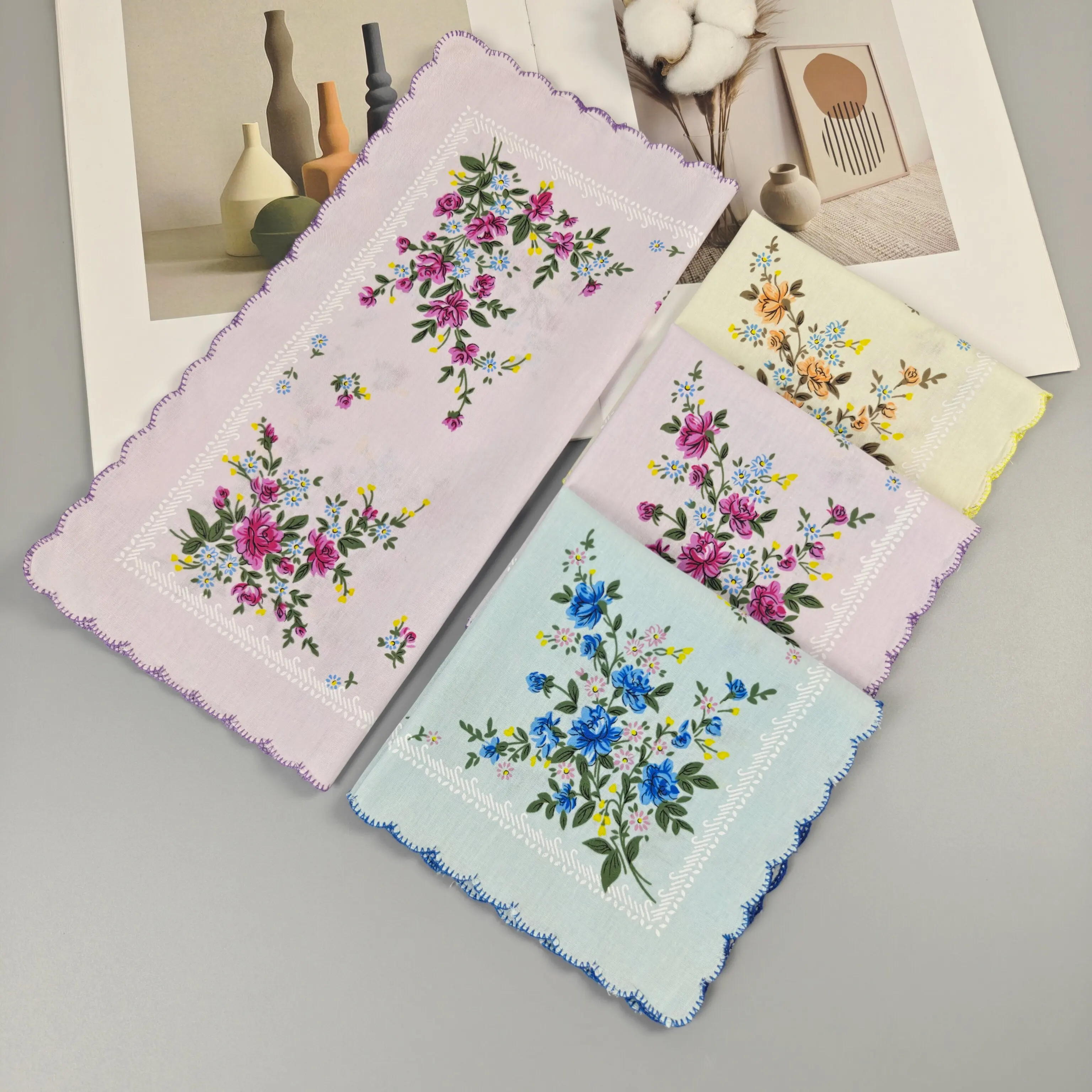 Elegant Vintage Floral Printed Cotton Handkerchiefs Scalloped Edge Soft Breathable Sweat Absorbent Hankies 3 Or 6 Pcs For Women
