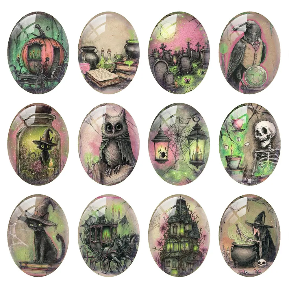 Random Mixed Round/Oval/Square Green Witch Halloween Raven Photo Glass Cabochon Flatback Demo Cameo For Diy Jewelry Making