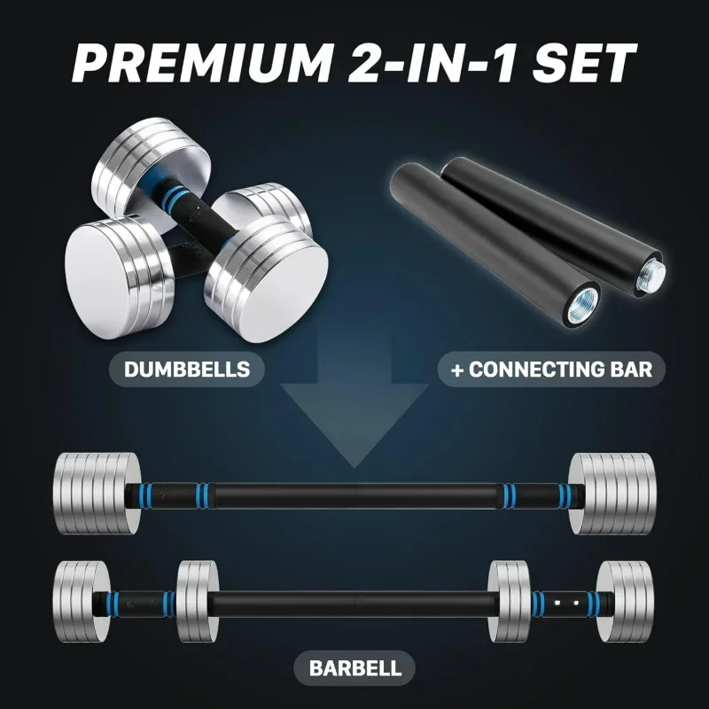 Northdeer V2.0 Upgraded Adjustable Steel Dumbbells 40LB / 60LB - 2 In 1 Dumbbell Barbell Set For Home Gym Workout - Compatible