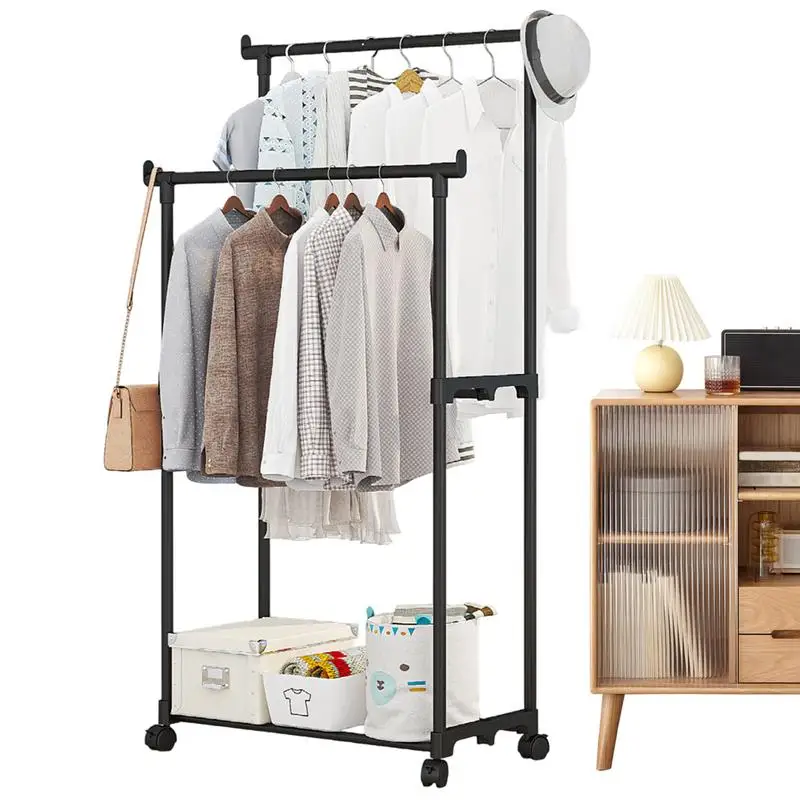 Clothes Rack Double Rods Clothing Racks On Wheels Rolling Clothes Organizer For Coats Shirts Dress Multi-functional Bedroom