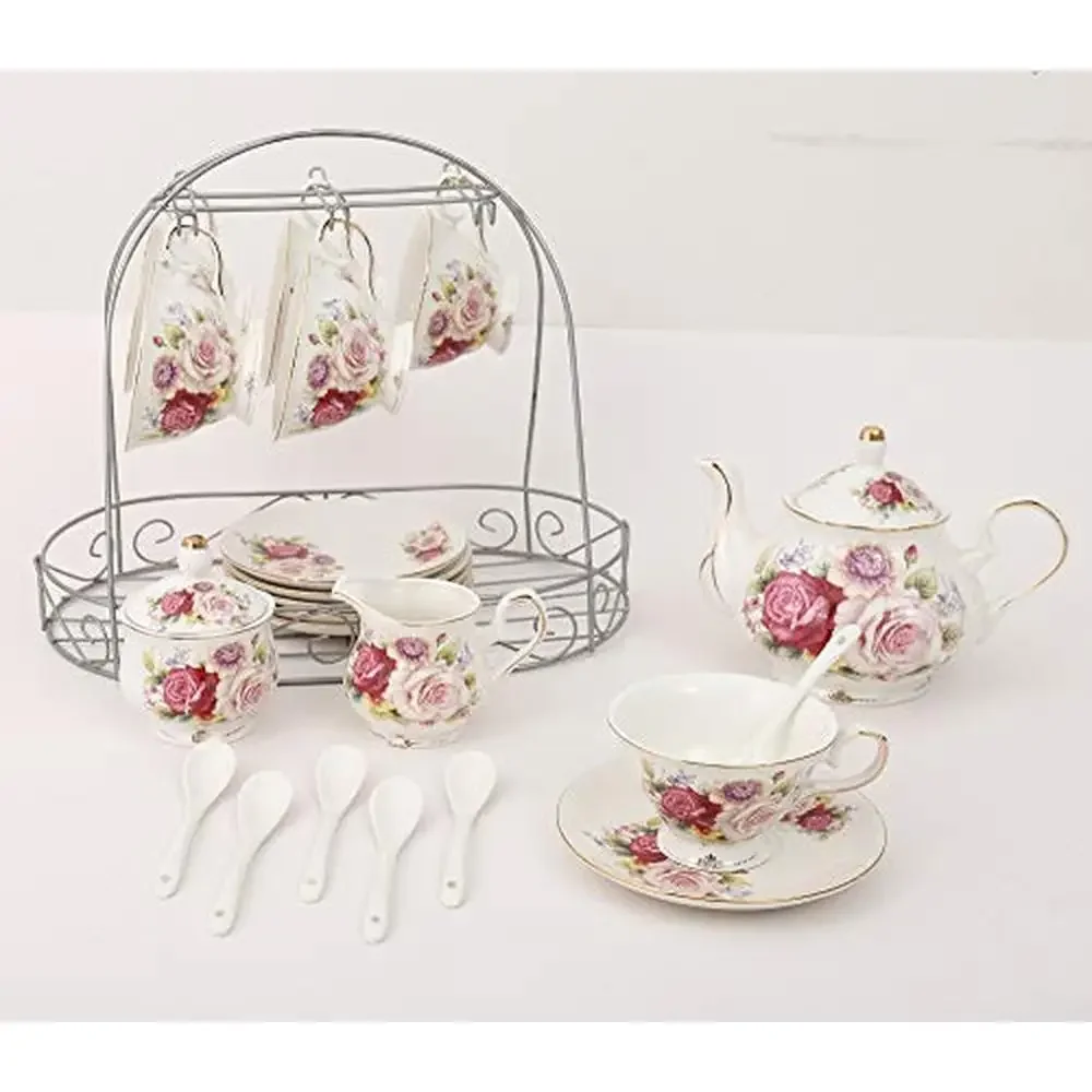 European Ceramic Tea Set Colorful Rose Bone China Coffee Set with Metal Holder 15 Pieces Ideal Home Office Gifts Chaozhou