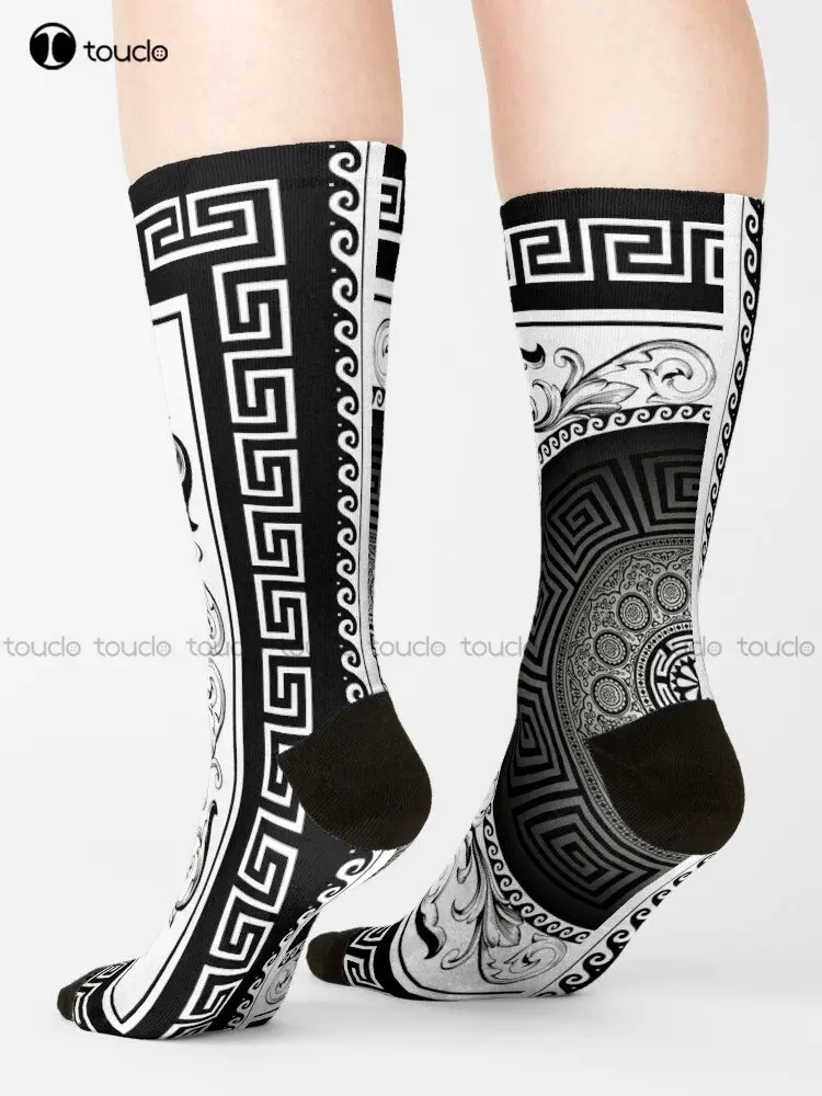 White Black Greek Meander Baroque Socks Mens White Socks Personalized Custom Unisex Adult Teen Youth Socks Custom Gift