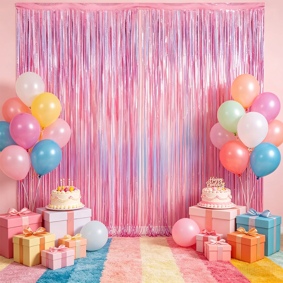 2 Stück Rosa Bedruckte Folien-Fransenvorhänge, Metallische Lametta-Hintergrundvorhänge für Partydekoration, Fotobox, Tür- und Wanddekoration – Detail 5