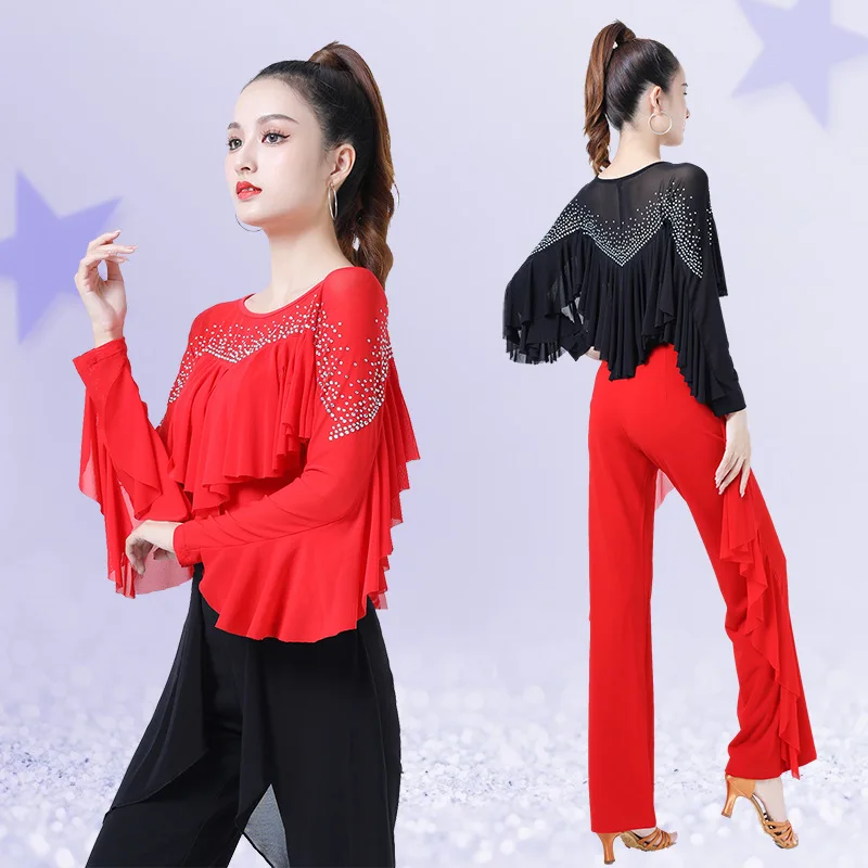 Ruffle Ballroom Latin Dance Top Dames Strass Bezaaid Standaard Nationale Moderne Dans Training Prestaties Sexy Danskleding