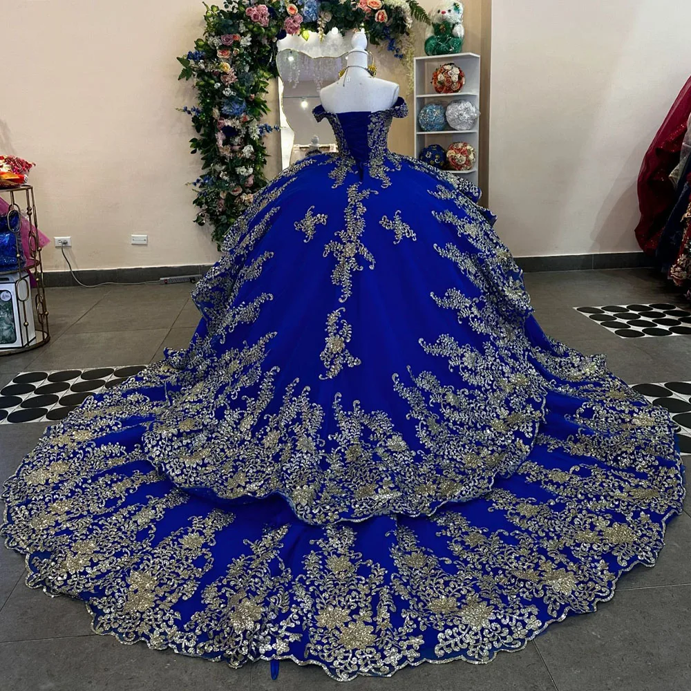 

Элегантное королевское синее платье Quinceanera, бальное платье с блестками, кружевная аппликация, корсет с бантом и бисером, Sweet 16, Vestido De 15 Anos