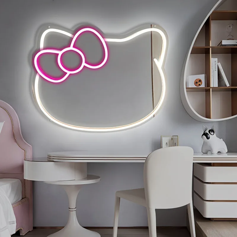 Pink Kitty Cat LED Neon Cat Mirror Sign Wall Mounted Makeup Mirror and Wall Art for Bedroom Decor Beauty Shop Studio Decor