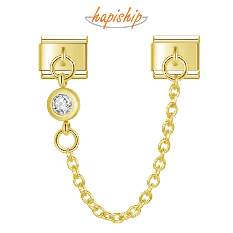 Hapiship 2024 Wholesalen Round Color CZ Chain Link Italian Charm Fit 9mm Bracelet Stainless Steel Drop Shipping Jewelry DJ1389