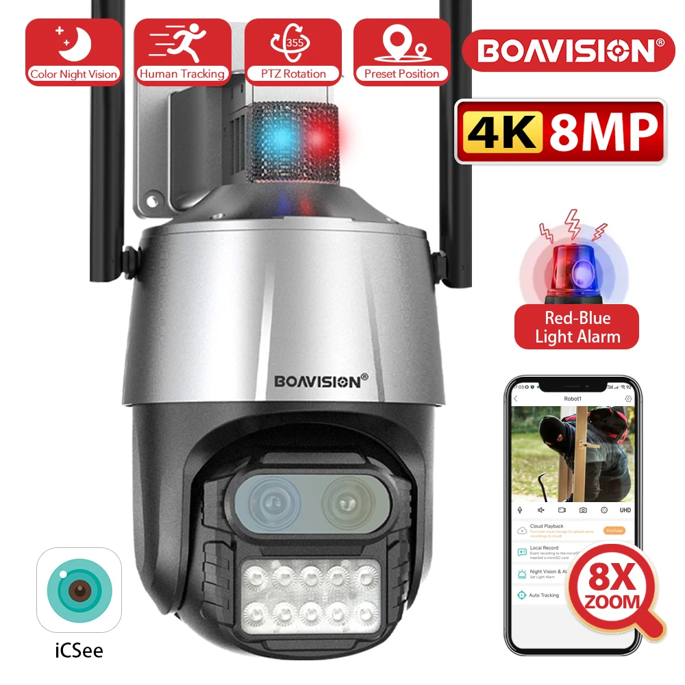 

BOAVISION наружная Wifi камера HD 8MP 4K двойной объектив 8X цифровой зум PTZ AI автоматическое отслеживание противоугонная сирена охранная камера