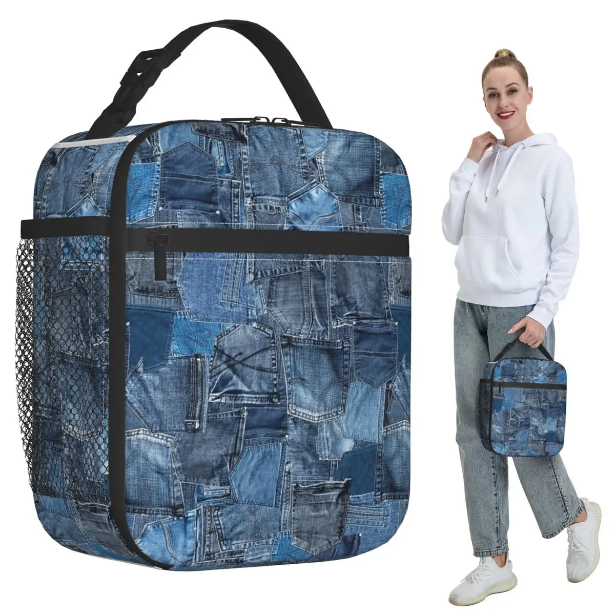 

Blue Denim Jeans Pocket Patchwork Insulated Lunch Bag for Kid School Cooler Thermal Food Box Tote Portable Lunch Boxes Container