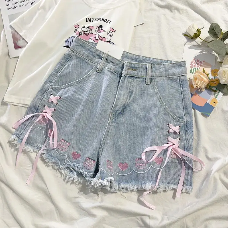 Y2k Summer Casual Denim Pant Trousers Women Japanese Embroidery Cartoon Jeans 2025 Harajuku High Waist Wide Leg Pants Streetwear