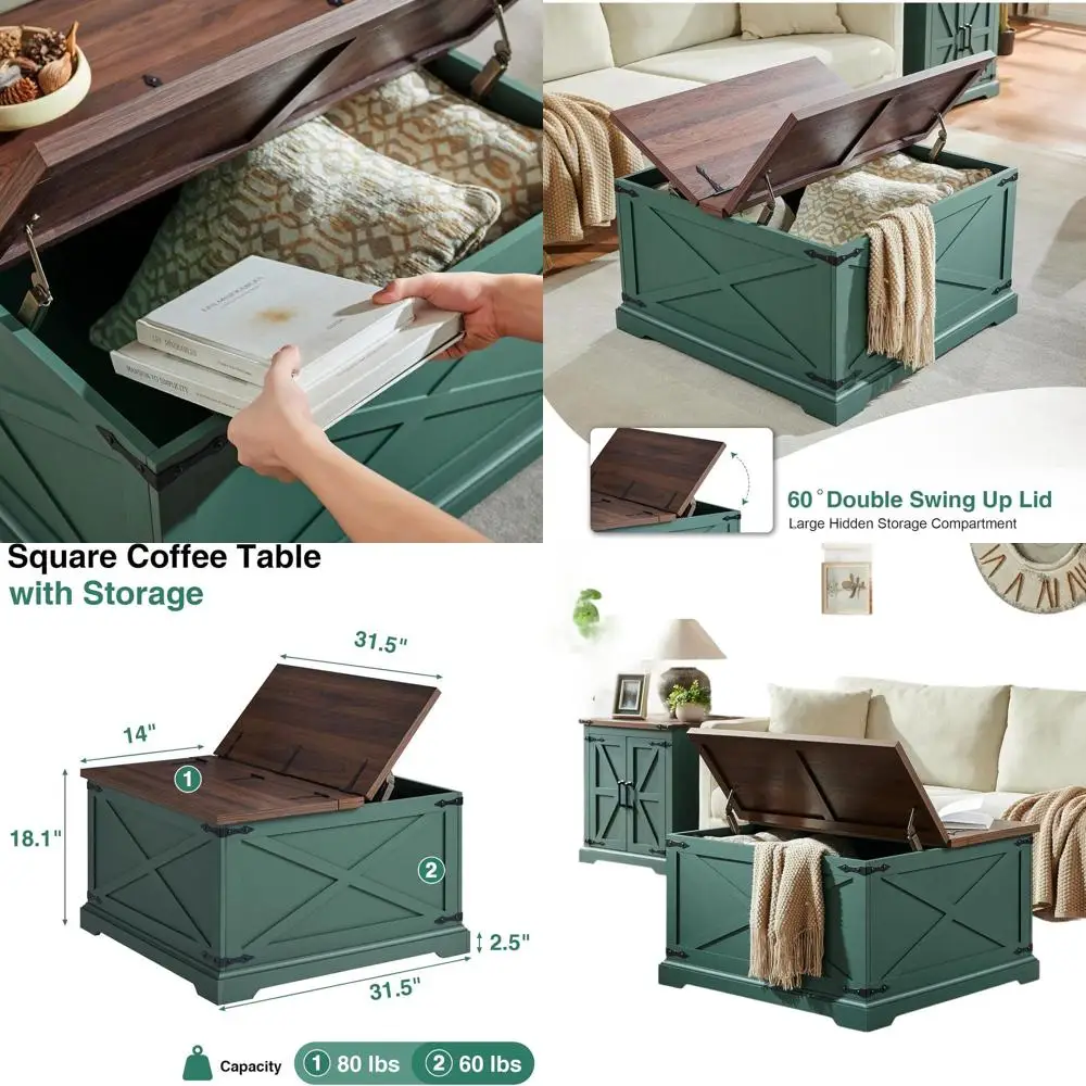 

Журнальный столик с подъемным верхом в деревенском стиле со скрытым хранилищем для гостиной и спальни, зеленый