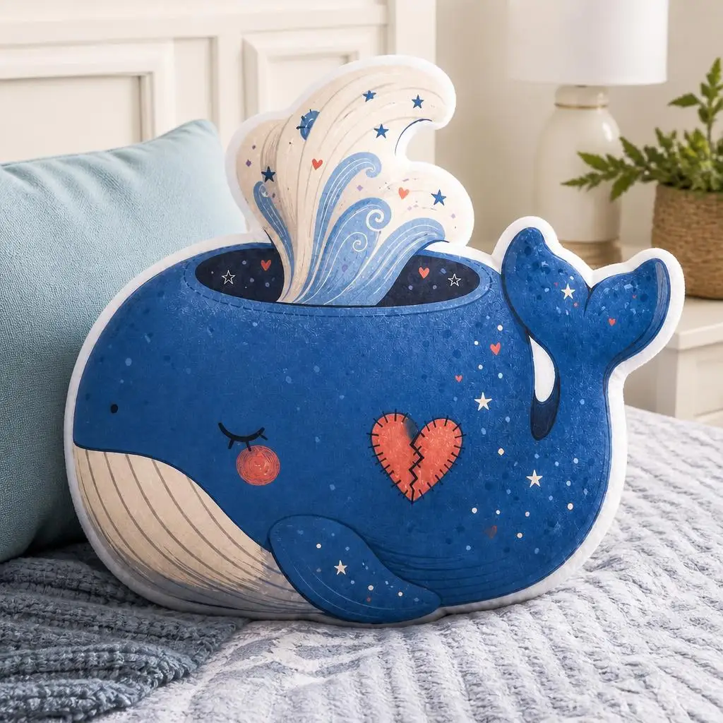 Cute Heartbreak Whale Tissue Box Shaped Plush Throw Pillow Emotional Support Cushion for Bedroom Sofa Home Decor Gift Comfort