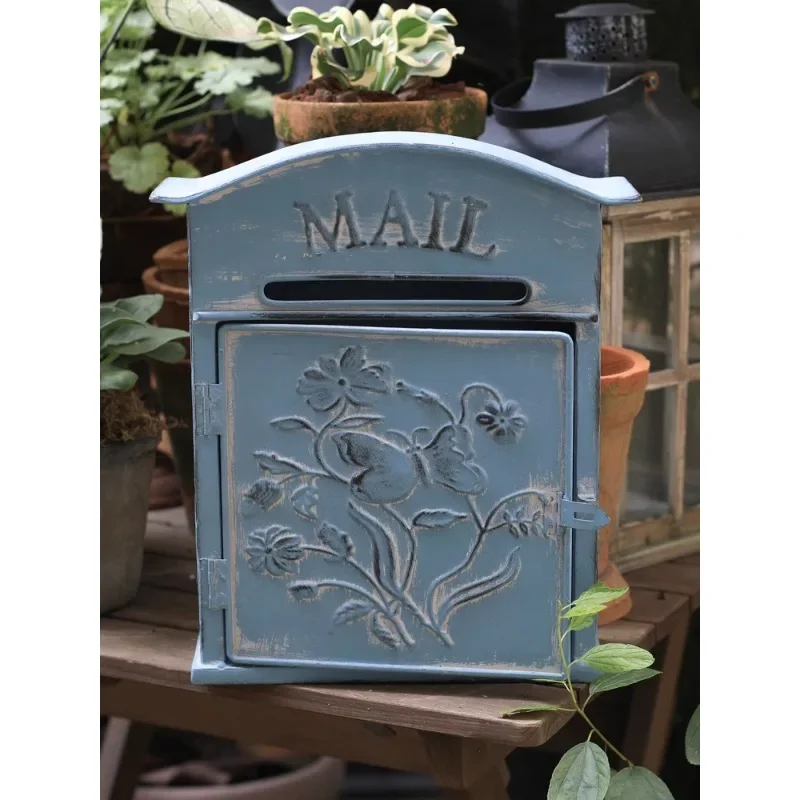 - European-style blue three-dimensional relief mailbox, wrought iron retro garden wall-mounted mailbox, courtyard decoration sug