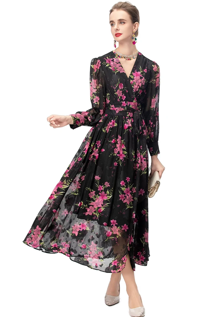 DLDENGHAN ชุดเดรสคอวีผ้าแจ็คการ์ดสำหรับผู้หญิงแขนทรงโคมพิมพ์ลายวินเทจแฟชั่นฤดูใบไม้ร่วงสำหรับผู้หญิง