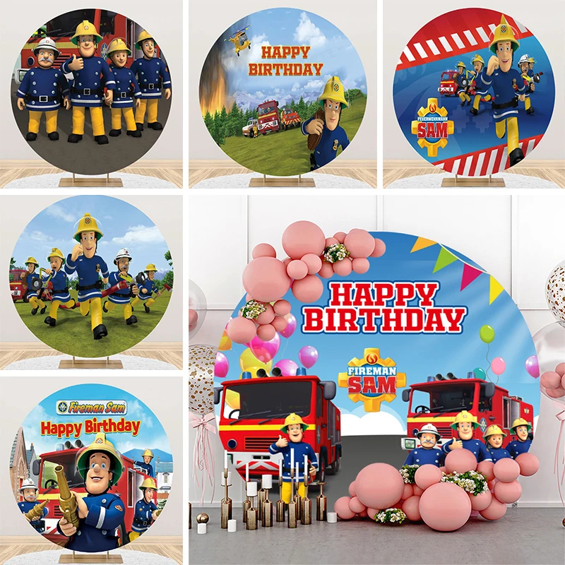 Fireman Sam Circle Backdrop Birthday Party Decorations Kids Boys Firefighter Sammy Fire Truck Round Cloth Background Cover