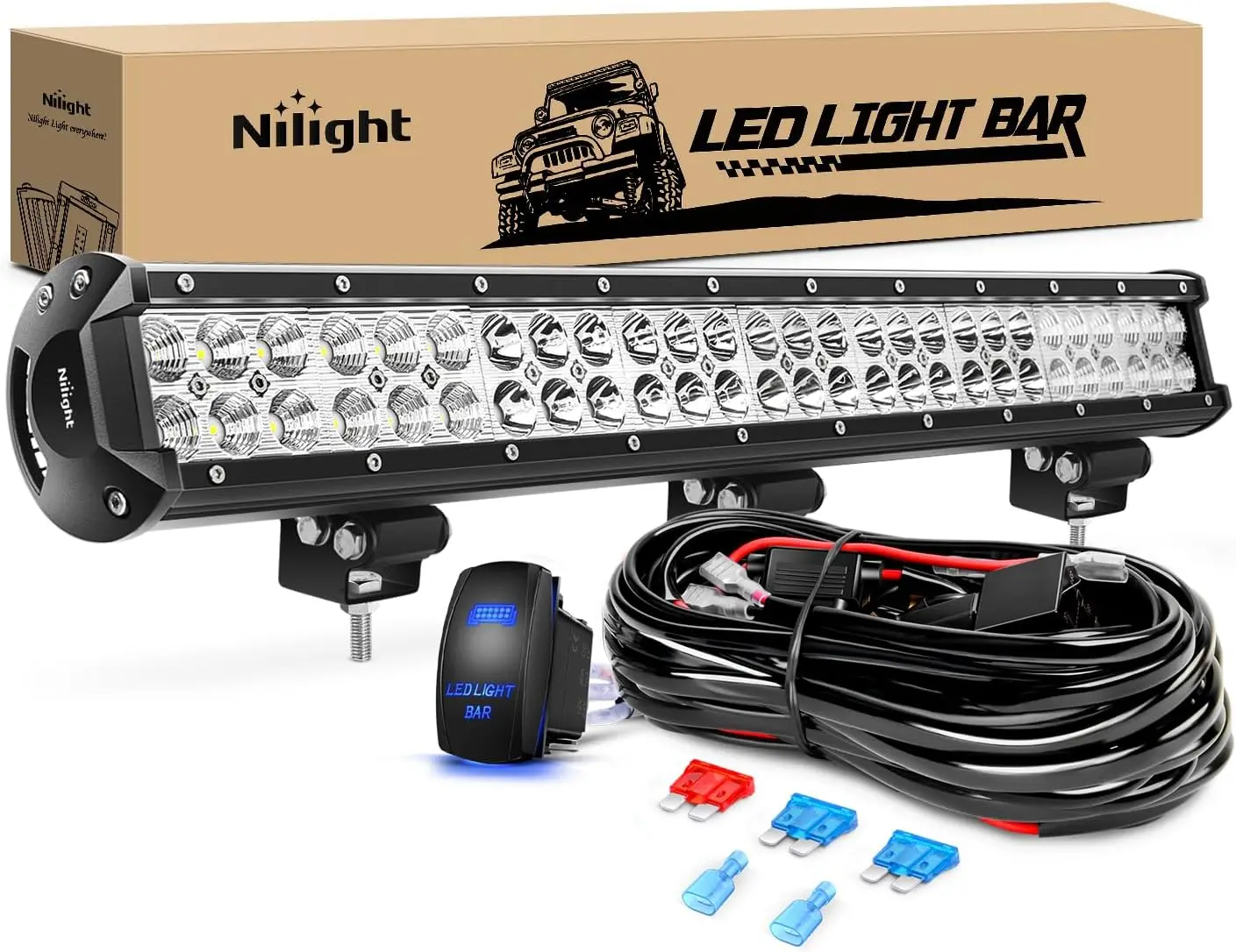 

25Inch 162W LED Light Bar Spot Flood Combo Off Road 12V with Wiring Harness Kit and Rocker Switch, 2 Years Warranty