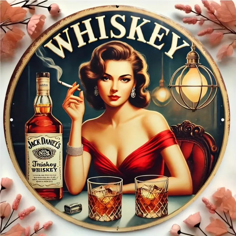 "Letrero de metal plano 2D vintage 'Whiskey' de 1 pieza – Decoración de bar retro con elegante vestido rojo para dama, vasos y botellas de whisky"